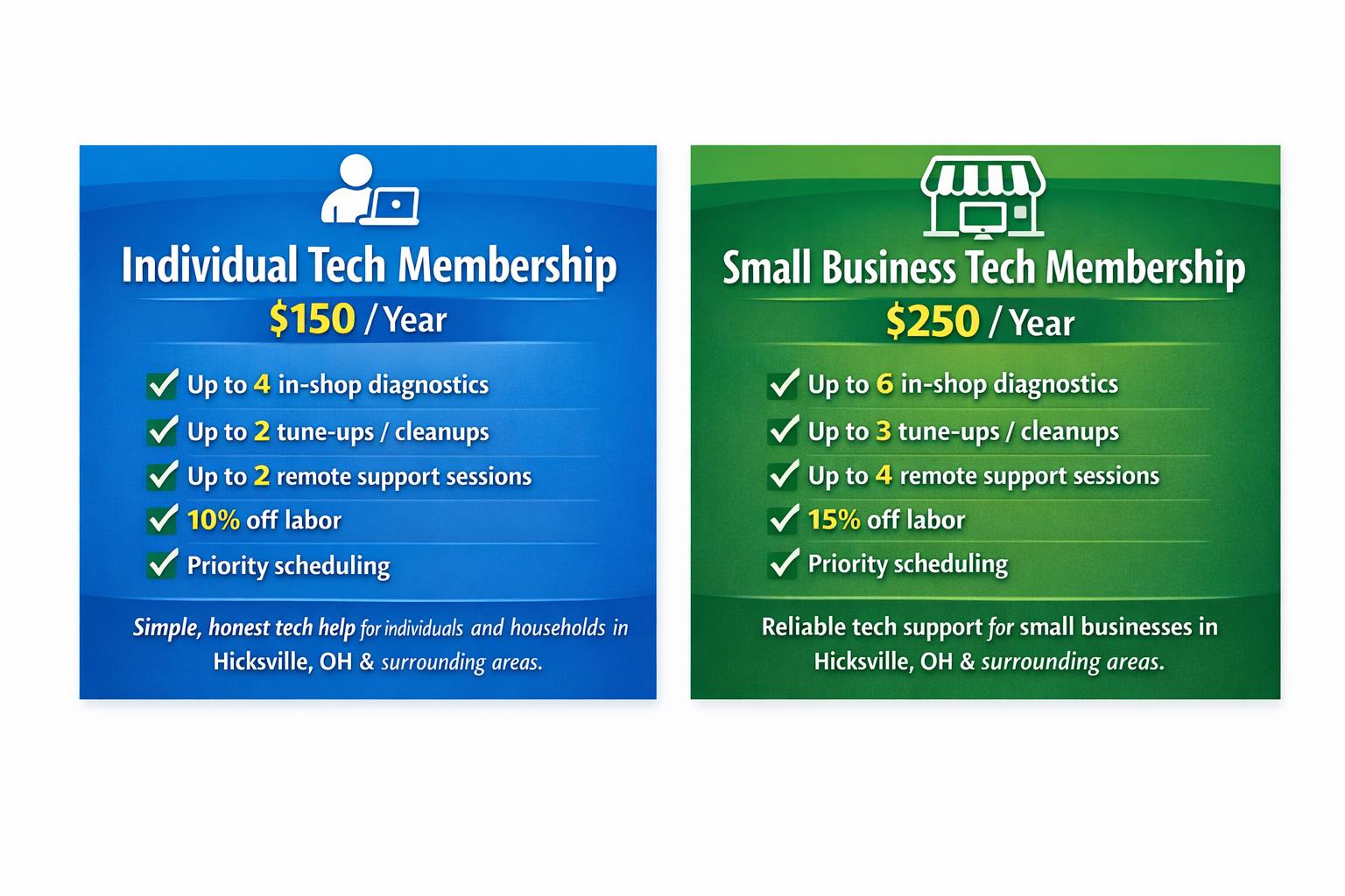 Tea's Computer Services Membership Plans - Individual $150/year and Small Business $250/year